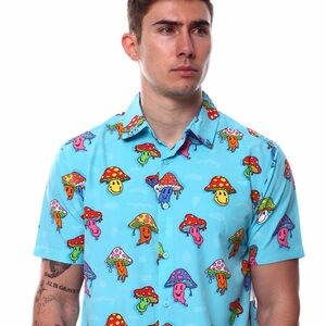 fresh prince of bel air. Aqua Button-Down Shirt with Colorful Mushroom Print